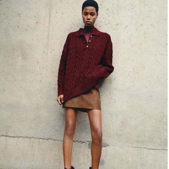 Zara Womens Sweater Medium M Burgundy Pullover Cable Knit 3519/024 NWT - Picture 1 of 11